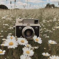 ein Kamera im ein Feld von Gänseblümchen ai generativ foto