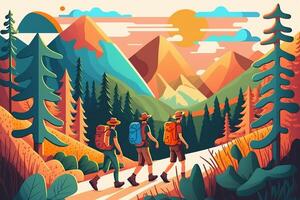 Touristen Menschen Gruppe Wandern im Berge und Wald. Menschen mit Rucksäcke halt Trekking Pole. das Konzept von Entdeckung, Erkundung, wandern, Abenteuer Tourismus und Reise. Illustration generativ ai. foto