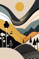 abstrakt Landschaft Illustration mit Wald, Berge, hügel, Baum. Kurve Natur Formen, Mitte des Jahrhunderts modern Stil. generativ ai. foto
