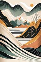 abstrakt Landschaft Illustration mit Wald, Berge, hügel, Baum. Kurve Natur Formen, Mitte des Jahrhunderts modern Stil. generativ ai. foto