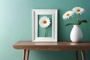 minimal Weiß Bild Rahmen Segeltuch Anzeige mit Blume im Vase foto