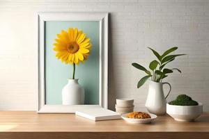 minimal Weiß Bild Rahmen Segeltuch Anzeige mit Blume im Vase foto