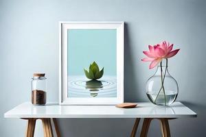 minimal Weiß Bild Rahmen Segeltuch Anzeige mit Blume im Vase foto