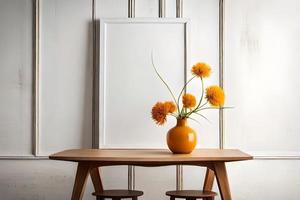 minimal Weiß Bild Rahmen Segeltuch Anzeige mit Blume im Vase foto