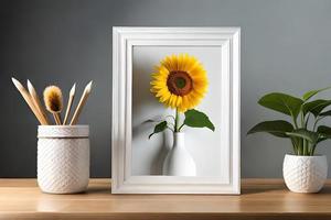 minimal Weiß Bild Rahmen Segeltuch Anzeige mit Blume im Vase foto