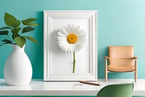 minimal Weiß Bild Rahmen Segeltuch Anzeige mit Blume im Vase foto