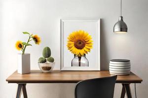 minimal Weiß Bild Rahmen Segeltuch Anzeige mit Blume im Vase foto