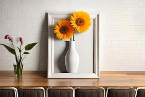 minimal Weiß Bild Rahmen Segeltuch Anzeige mit Blume im Vase foto