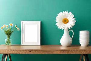 minimal Weiß Bild Rahmen Segeltuch Anzeige mit Blume im Vase foto