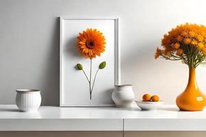 minimal Weiß Bild Rahmen Segeltuch Anzeige mit Blume im Vase foto