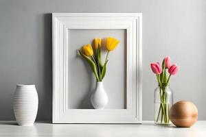 minimal Weiß Bild Rahmen Segeltuch Anzeige mit Blume im Vase foto