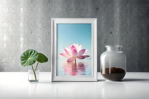 minimal Weiß Bild Rahmen Segeltuch Anzeige mit Blume im Vase foto