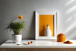 minimal Weiß Bild Rahmen Segeltuch Anzeige mit Blume im Vase foto