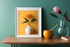 minimal Weiß Bild Rahmen Segeltuch Anzeige mit Blume im Vase foto