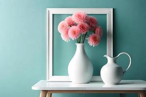 minimal Weiß Bild Rahmen Segeltuch Anzeige mit Blume im Vase foto