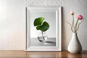 minimal Weiß Bild Rahmen Segeltuch Anzeige mit Blume im Vase foto