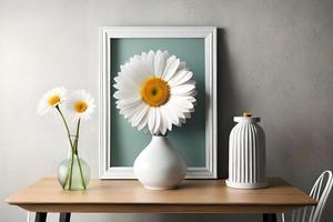 minimal Weiß Bild Rahmen Segeltuch Anzeige mit Blume im Vase foto