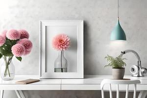 minimal Weiß Bild Rahmen Segeltuch Anzeige mit Blume im Vase foto