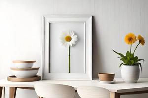 minimal Weiß Bild Rahmen Segeltuch Anzeige mit Blume im Vase foto