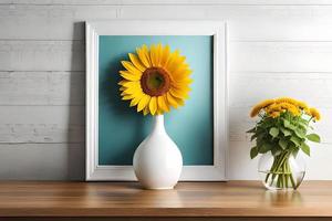 minimal Weiß Bild Rahmen Segeltuch Anzeige mit Blume im Vase foto