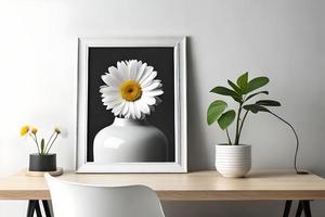 minimal Weiß Bild Rahmen Segeltuch Anzeige mit Blume im Vase foto