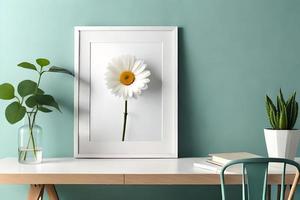 minimal Weiß Bild Rahmen Segeltuch Anzeige mit Blume im Vase foto