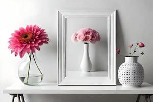 minimal Weiß Bild Rahmen Segeltuch Anzeige mit Blume im Vase foto