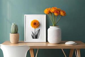 minimal Weiß Bild Rahmen Segeltuch Anzeige mit Blume im Vase foto