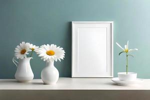 minimal Weiß Bild Rahmen Segeltuch Anzeige mit Blume im Vase foto