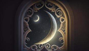 mystisch Fenster mit Halbmond Mond im Nacht Himmel, islamisch Gruß eid Mubarak zum Muslim Feiertage. eid-ul-adha Festival Feier. Arabisch Ramadan karem, generieren ai foto