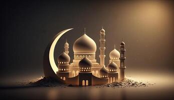 islamisch Urlaub Ramadan kareem Veranstaltung Hintergrund, schmücken mit Arabisch Laterne, Mond, Halbmond, und Moschee Kuppel, festlich Gruß Karte Design, eid Mubarak Szene, mit generativ ai. foto