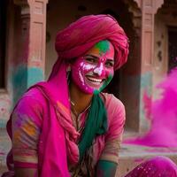 Porträt von jung indisch Frau feiern holi Farbe Festival erstellt mit generativ ai erstellt mit generativ ai foto