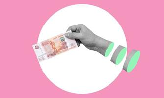 Kunst Collage, Hände mit Geld, mit Russisch Geld auf ein Rosa Hintergrund. foto