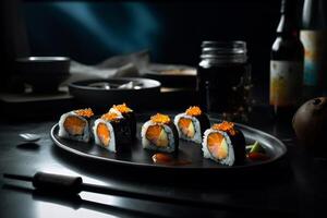 Sushi auf schwarz Hintergrund. Illustration ai generativ foto