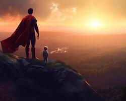 Vaters Tag Hintergrund. Superheld Vater mit Kind. Illustration ai generativ foto