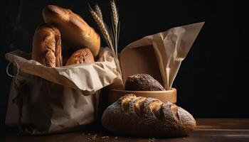 Papier Tasche mit Brot und Korb von Gebäck. generativ ai foto