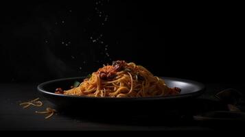 dunkel Teller mit Italienisch Spaghetti Illustration ai generativ foto