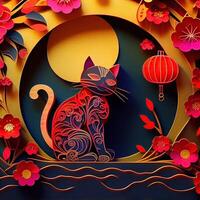 generativ ai Illustration von Papier Schnitt quilling multi dimensional Chinesisch Stil süß Tierkreis Kitty Katze mit Laternen im Hintergrund, Pop Farbe, Chinesisch Neu Jahr Konzept. foto