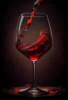 generativ ai Illustration von rot Wein ist Sein gegossen von Flasche in einfach Wein Glas, auf ein Tabelle mit unglaublich Essen foto