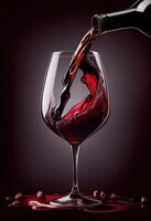 generativ ai Illustration von rot Wein ist Sein gegossen von Flasche in einfach Wein Glas, auf ein Tabelle mit unglaublich Essen foto