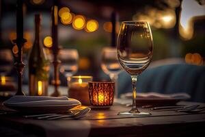 generativ ai Illustration von ein Restaurant Tabelle mit ein Glas von Weiß Wein, Sanft golden Licht, teuer Restaurant mit schön Beleuchtung, draussen und Nacht foto