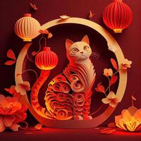 generativ ai Illustration von Papier Schnitt quilling multi dimensional Chinesisch Stil süß Tierkreis Kitty Katze mit Laternen im Hintergrund, Pop Farbe, Chinesisch Neu Jahr Konzept. foto