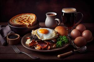 generativ ai Illustration von gebraten Eier und Speck und Hash Brauntöne und schwarz Pudding und Pilze und Toast... foto