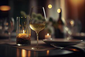 generativ ai Illustration von ein Restaurant Tabelle mit ein Glas von Weiß Wein, Sanft golden Licht, teuer Restaurant mit schön Beleuchtung im das Hintergrund foto