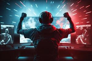 generativ ai Illustration von Fachmann Esport Spieler freut sich im das Sieg im Cyber Spiel Zimmer. Spieler feiern Sieg. gewinnen ein Spiel. elektronisch Sport Spieler freut sich Sieg foto