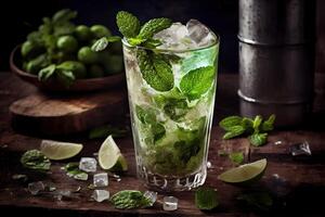 generativ ai Illustration von Mojito Cocktail mit Eis und Minze, perfekt zum Sommer- foto