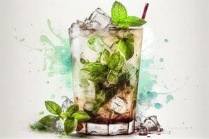 generativ ai Illustration von Mojito Cocktail mit Eis und Minze, perfekt zum Sommer- foto