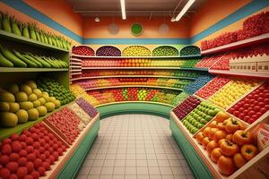 generativ ai Illustration von frisch und bunt, Obst und Gemüse Sektion von das Supermarkt foto