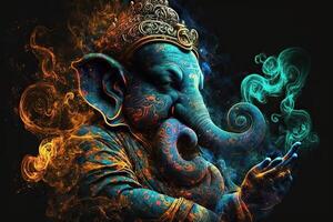 generativ ai Illustration von Ganesha Hindu Gott , mit Blumen, Öl Gemälde genommen oben in Himmel, Sitzung im Vorderseite von Bokeh Mandala Hintergrund foto