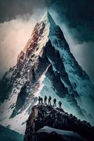 generativ ai Illustration von Gruppe von Bergsteiger. mehrere hoch alpin Kletterer im Vorderseite von ein riesig Berg foto